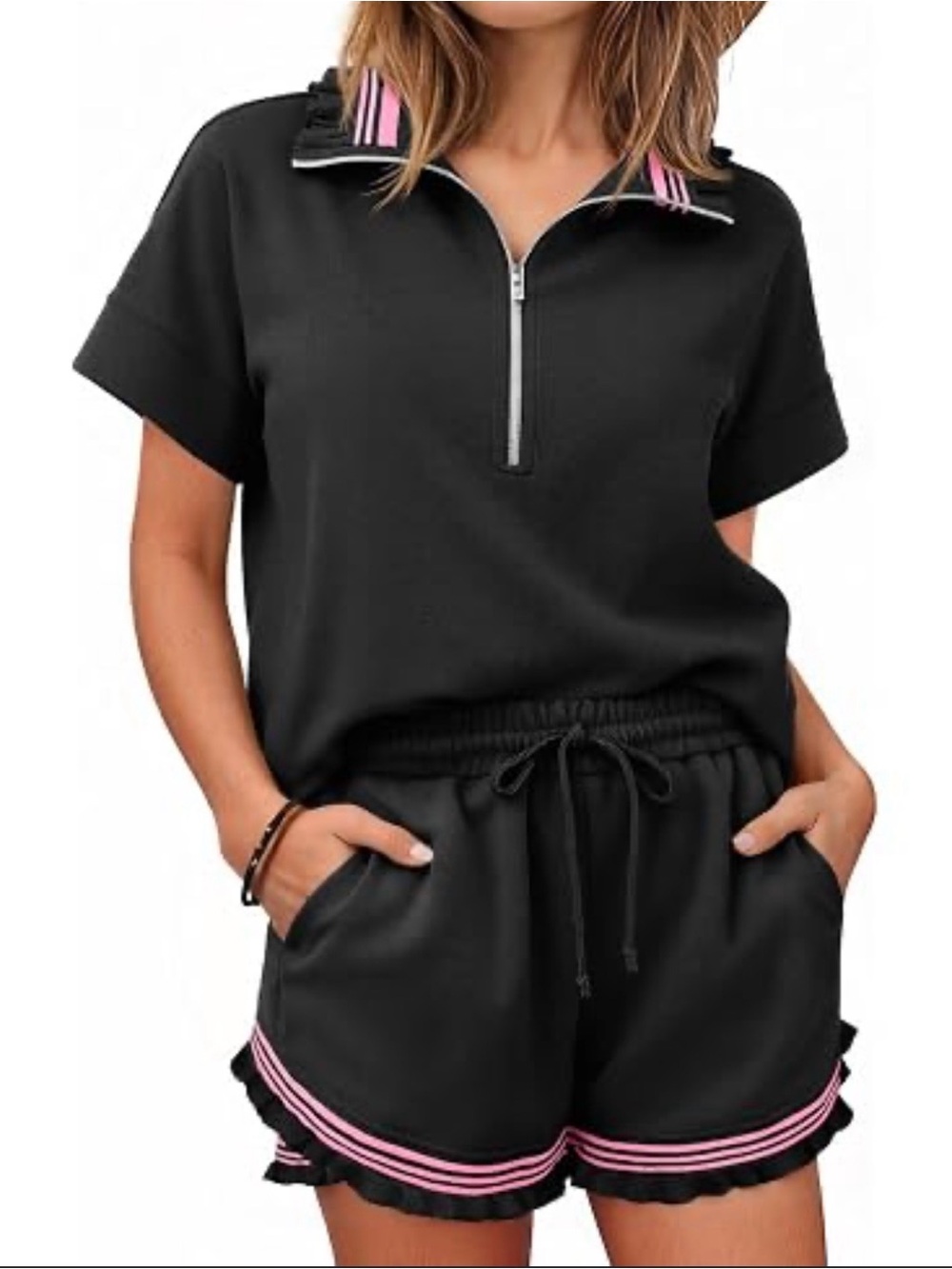 NWT Tankaneo Black 2-Piece Lounge Set Short Sleeve Half Zip Top Ruffle Shorts M